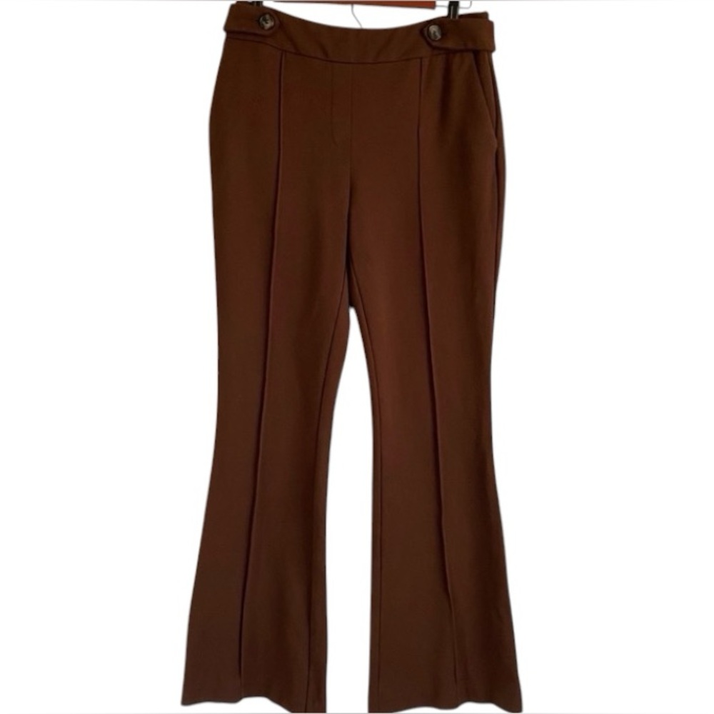 Maison D Amelie Brown Flare Leg Pants High-Waist Button Small Trousers Pull-On